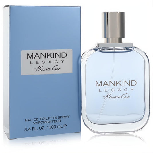Kenneth Cole Mankind Legacy 3.4 oz EDT. Modern clear bottle with light blue scent, elegant silver cap, and matching blue box.