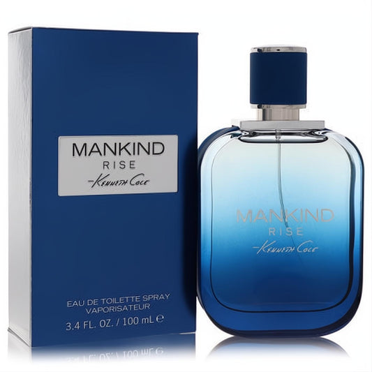 Kenneth Cole Mankind Rise 3.4 oz men's EDT spray. Modern blue gradient glass bottle with silver accents and matching box.