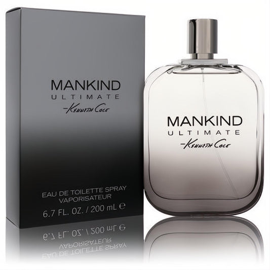 Kenneth Cole Mankind Ultimate 6.7 oz men's Eau De Toilette. Sleek clear glass bottle, silver cap, and sophisticated dark grey box.