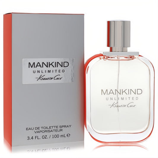 Kenneth Cole Mankind Unlimited 3.4 oz EDT. Modern clear bottle, silver cap, bold red trim, and elegant grey box.