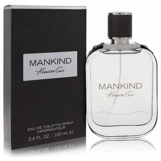 Kenneth Cole Mankind 3.4 oz EDT. Clear glass bottle with silver trim and textured black cap, paired with its sophisticated black box.