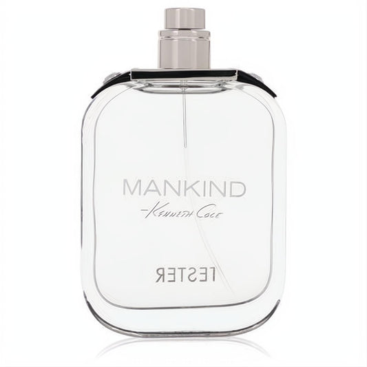 Kenneth Cole Mankind 3.4 oz men's EDT tester: sleek clear glass bottle, silver cap, and prominent "MANKIND" logo.
