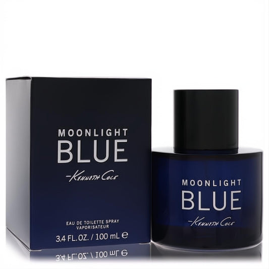 Sophisticated Kenneth Cole Moonlight Blue 3.4 oz EDT. Dark blue glass bottle with black cap and elegant matching box.