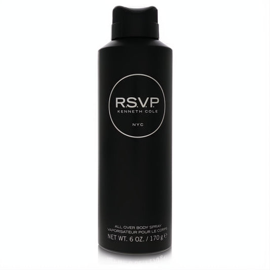Kenneth Cole RSVP 6 oz men's body spray. Sleek matte black bottle with crisp white logo, perfect for a modern fragrance.