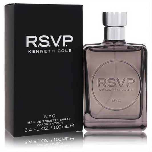 Kenneth Cole RSVP men's 3.4 oz EDT spray. Modern smoky gray glass bottle with silver cap and sleek black box.
