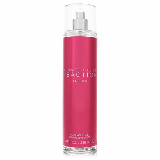 Kenneth Cole Reaction 8 oz women's body mist. Vibrant fuchsia pink bottle, clear cap, silver sprayer.