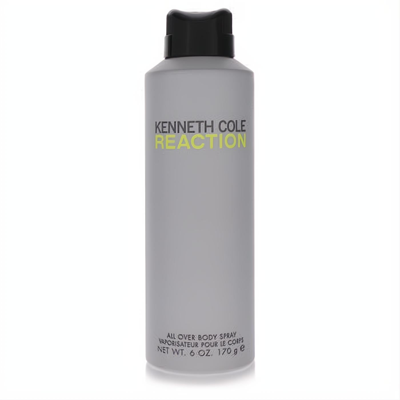 Kenneth Cole Reaction men's 6 oz body spray. Sleek matte gray can with vibrant branding and a black cap.