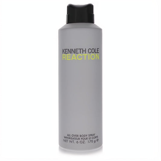 Kenneth Cole Reaction men's 6 oz body spray. Sleek matte gray can with vibrant branding and a black cap.