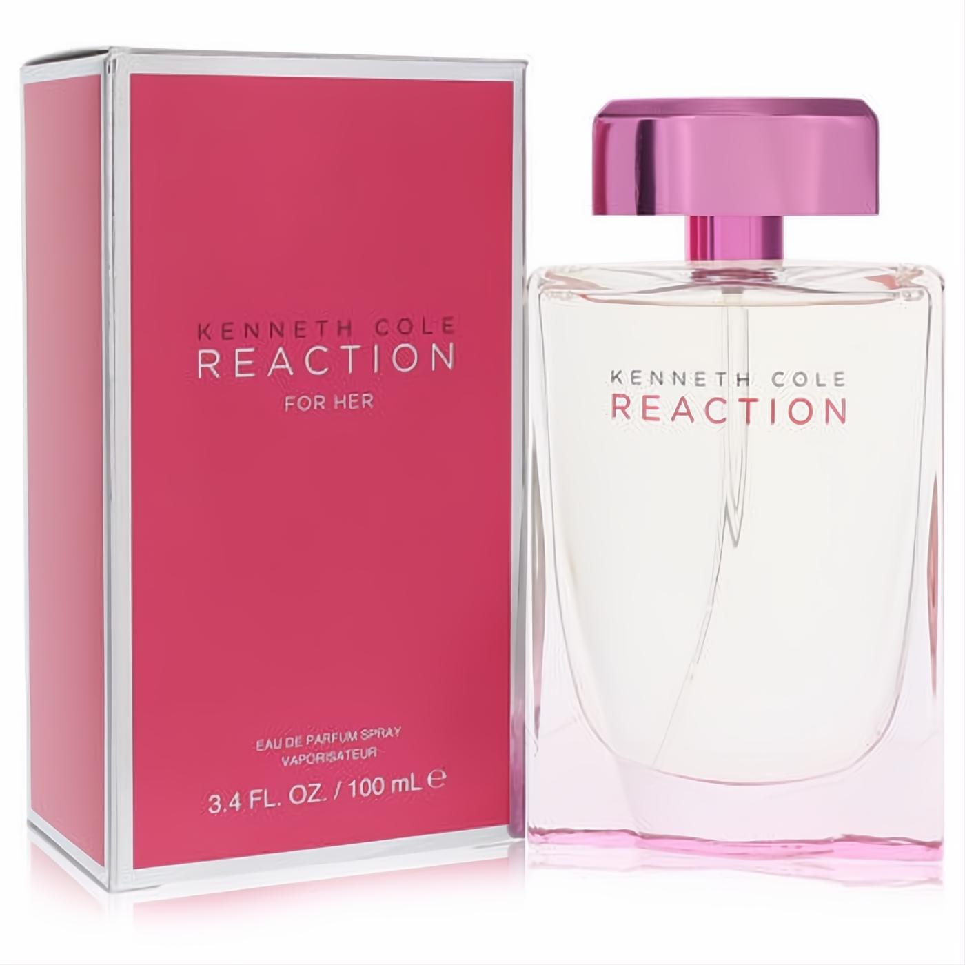 Kenneth Cole Reaction 3.4 oz Eau De Parfum for women. Chic clear glass bottle with a vibrant pink cap and matching fuchsia box.