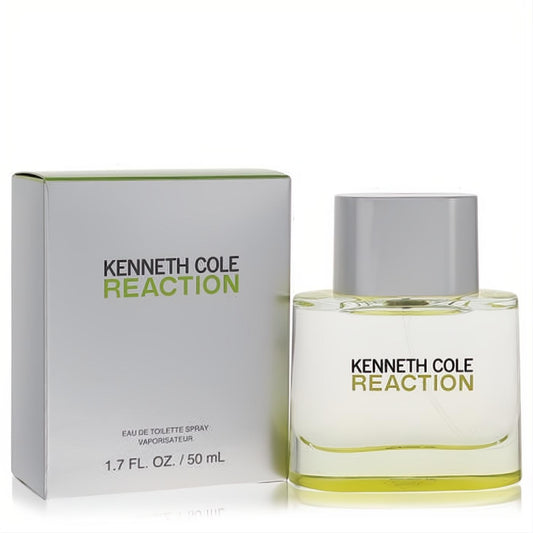 Kenneth Cole Reaction 1.7 oz men's Eau De Toilette. Clear bottle, silver cap, refreshing light green liquid, and sleek grey box.