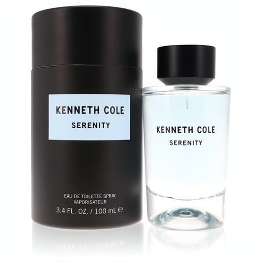 Kenneth Cole Serenity 3.4 oz unisex EDT spray. Clear glass bottle with light blue fragrance, beside its sleek matte black box.