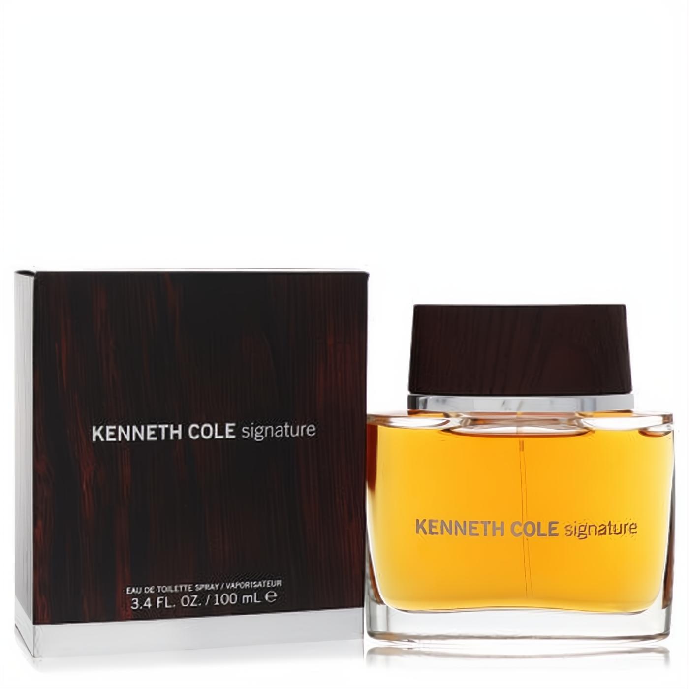 Kenneth Cole Signature men's 3.4 oz cologne: amber liquid in a sleek glass bottle with a dark wood cap, beside its elegant brown box.
