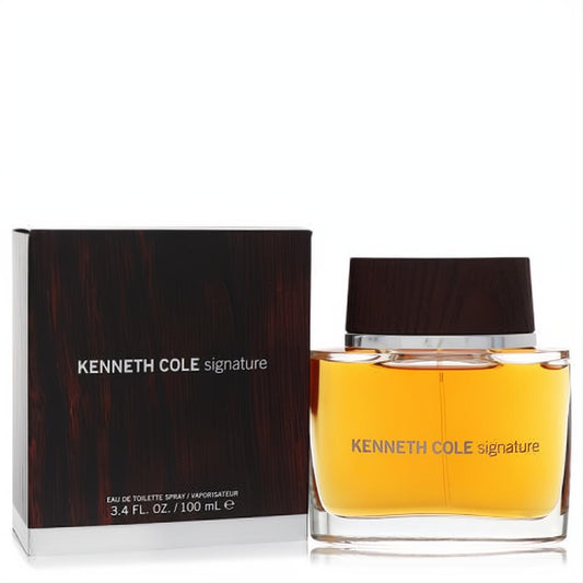 Kenneth Cole Signature men's 3.4 oz cologne: amber liquid in a sleek glass bottle with a dark wood cap, beside its elegant brown box.
