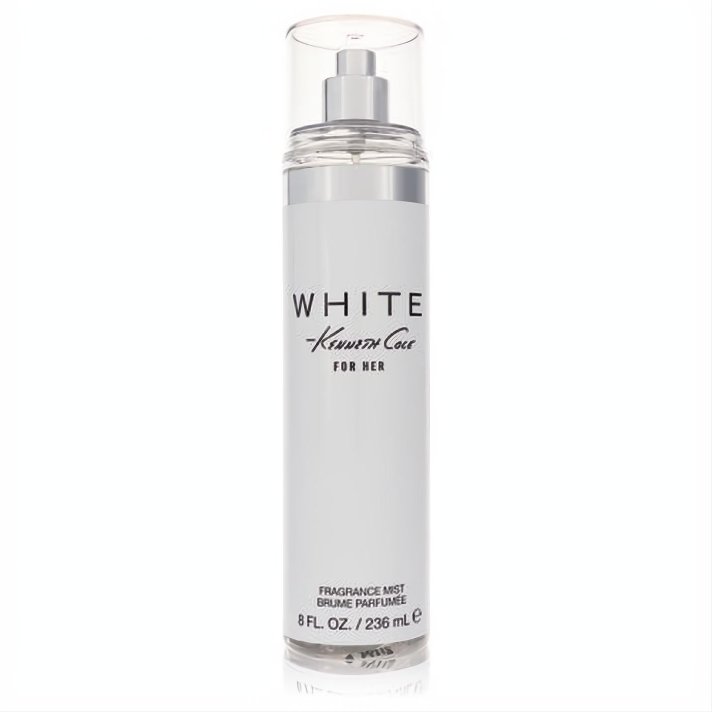 Kenneth Cole White 8 oz body mist for women. Sleek white bottle with silver sprayer and clear cap for a fresh fragrance.