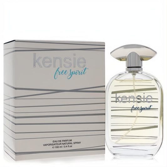 Kensie Free Spirit 3.4 oz Eau De Parfum. Clear glass bottle, unique silver cap, and stylish gray-lined box.