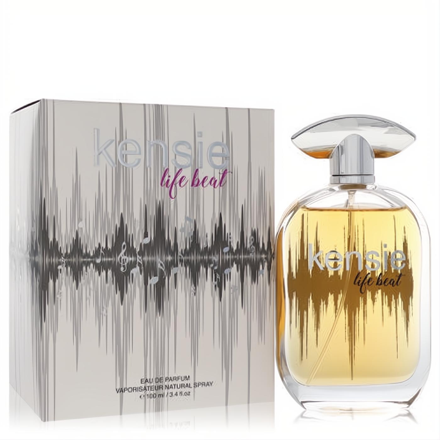 Experience Kensie Life Beat 3.4 oz women's EDP. Golden fragrance in a clear bottle with silver cap, next to a white box with a unique sound wave design.
