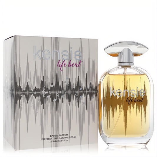 Experience Kensie Life Beat 3.4 oz women's EDP. Golden fragrance in a clear bottle with silver cap, next to a white box with a unique sound wave design.