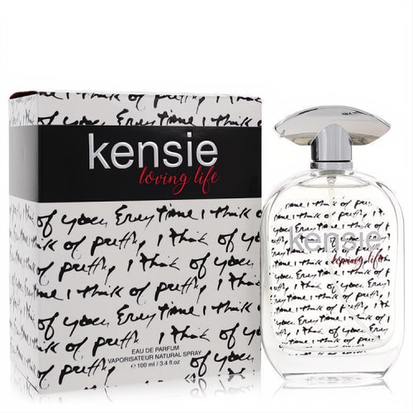 Kensie Loving Life 3.4 oz Eau De Parfum. Clear oval bottle with silver cap and unique handwritten text, displayed with its matching white box.