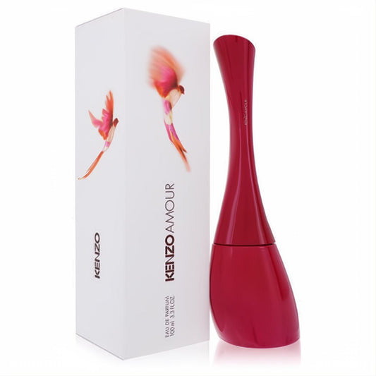 Kenzo Amour 3.4 oz women's perfume. Iconic magenta bottle and elegant white box with vibrant flying birds.
