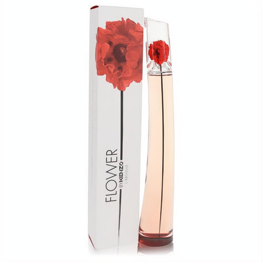 Kenzo Flower L'absolue 3.4 oz women's EDP. Elegant clear bottle with red poppy cap, next to its iconic white floral box.