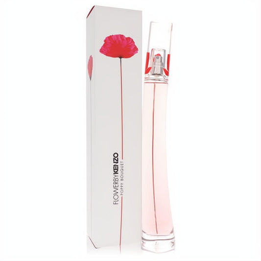 Kenzo Flower Poppy Bouquet 3.3 oz EDP. Elegant clear bottle with soft pink fragrance, presented with a white box featuring a vibrant red poppy.