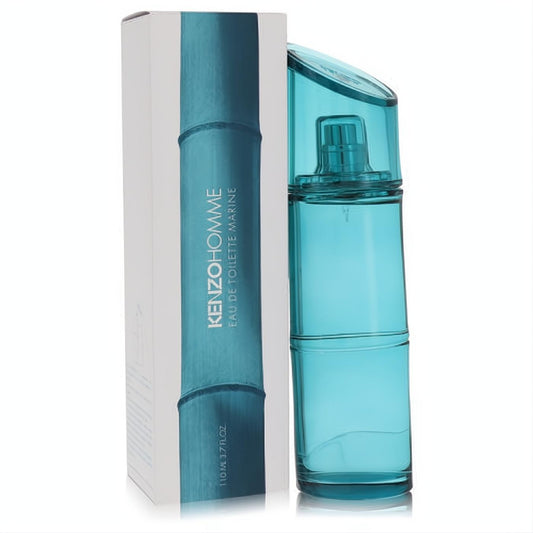 Kenzo Homme Marine 3.7 oz men's EDT spray in a vibrant blue bamboo-inspired bottle with matching box.
