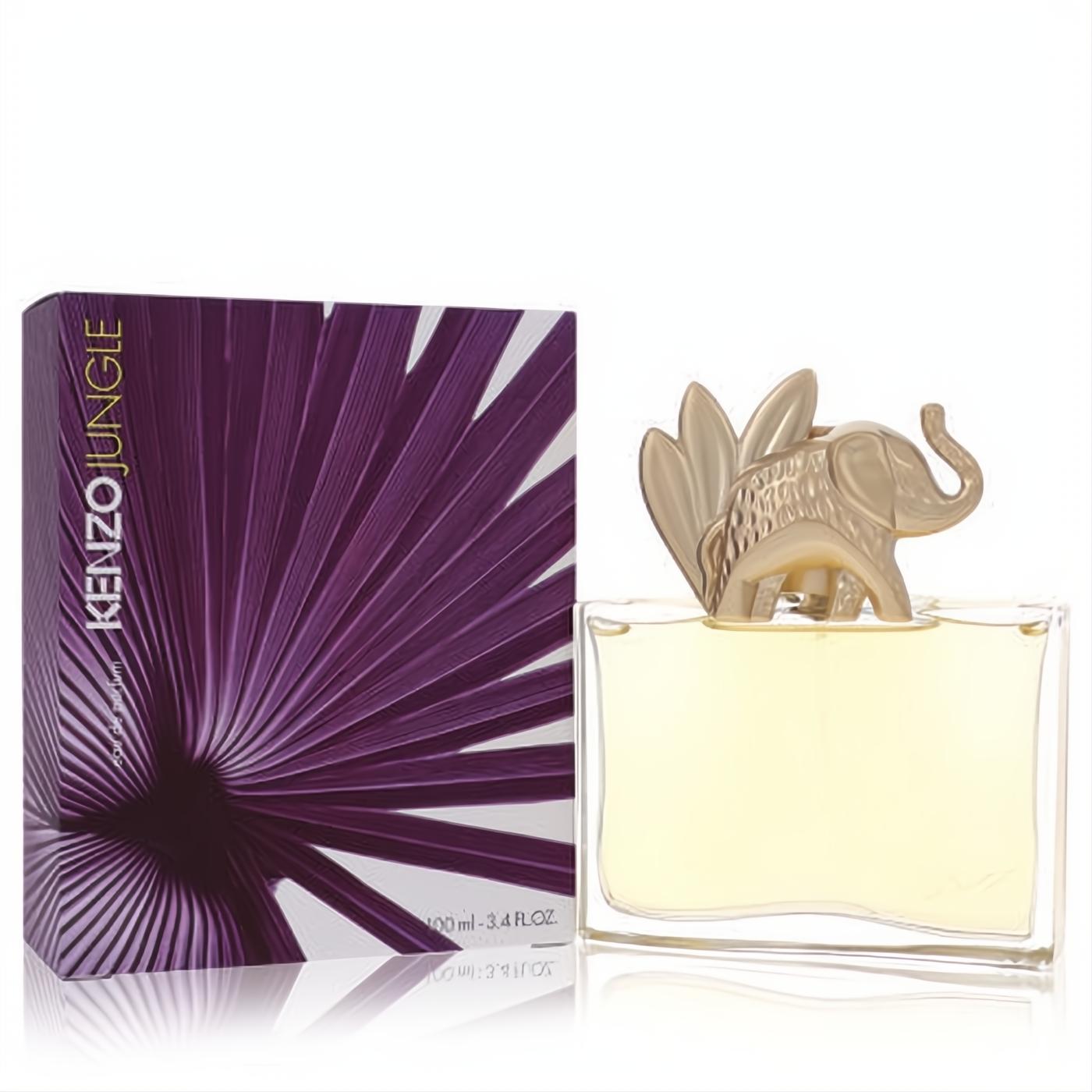 Kenzo Jungle Elephant 3.4 oz women's perfume. Clear bottle, iconic gold elephant cap, and exotic purple palm leaf box.