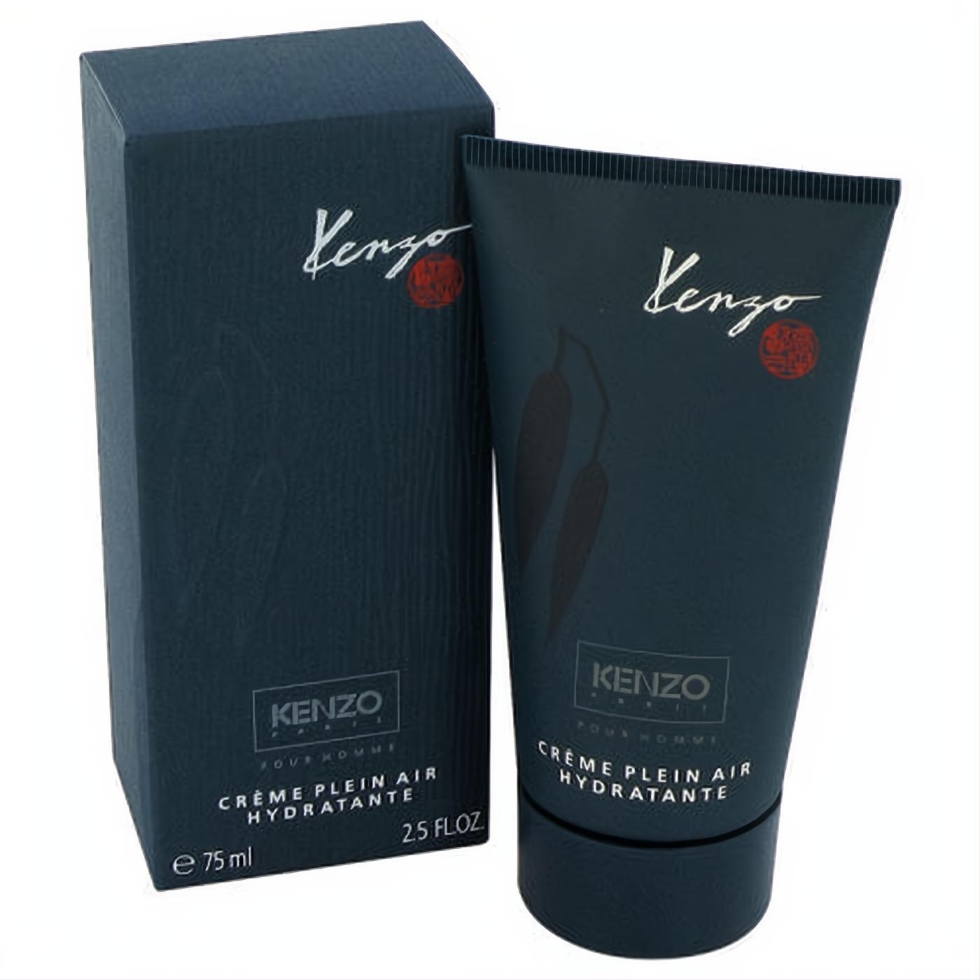 Kenzo Pour Homme moisturizing cream, 2.5 oz. Sleek charcoal tube and box with elegant script and subtle leaf design.