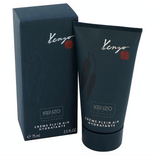 Kenzo Pour Homme moisturizing cream, 2.5 oz. Sleek charcoal tube and box with elegant script and subtle leaf design.