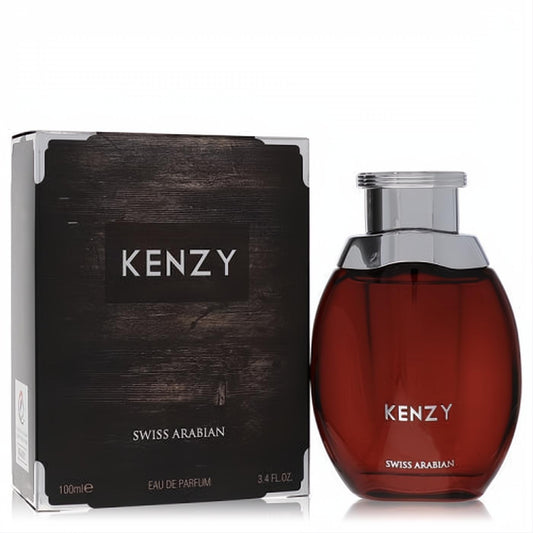 Luxurious Kenzy Swiss Arabian unisex perfume. Elegant dark red 3.4 oz bottle with sleek silver cap, beside a rich wood-grain box.