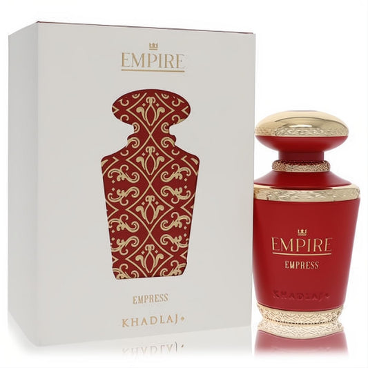 Khadlaj Empire Empress 3.4 oz women's Eau De Parfum. Regal red bottle with gold cap, next to its elegant white and gold patterned box.