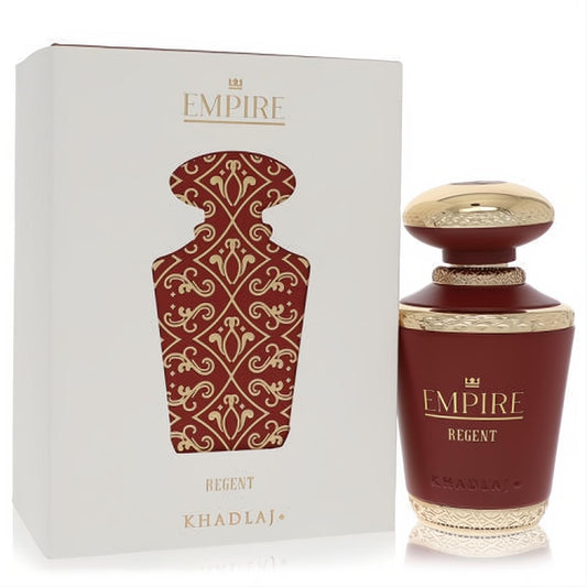Khadlaj Empire Regent 3.4 oz EDP. Luxurious red and gold bottle with elegant cap, displayed with its cream box featuring intricate gold patterns.