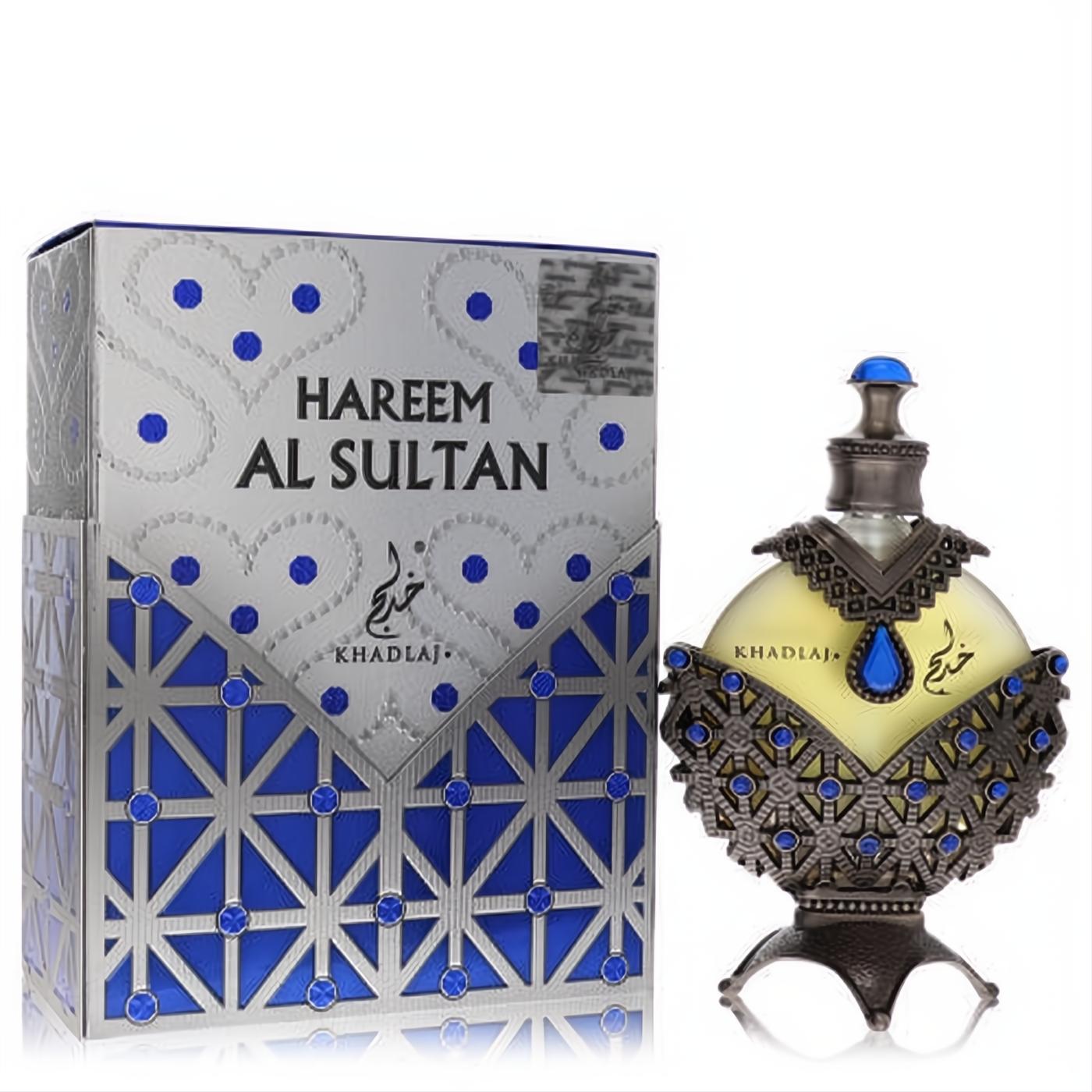 Exquisite Khadlaj Hareem Al Sultan Blue perfume oil. Ornate silver and blue bottle with intricate metalwork and a matching decorative box.
