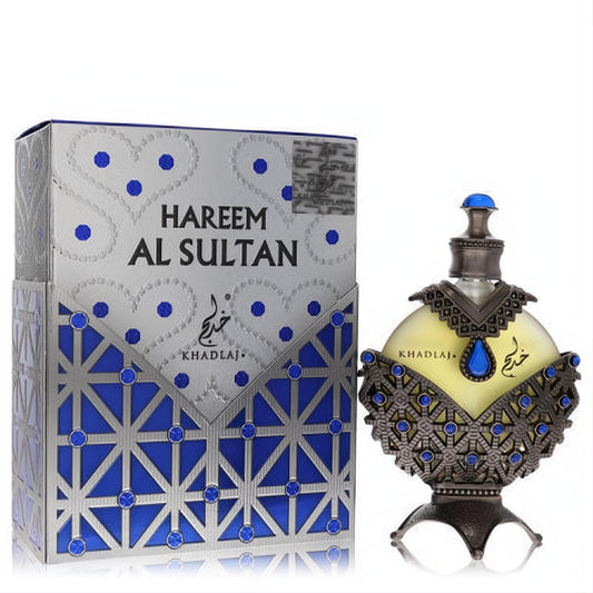 Exquisite Khadlaj Hareem Al Sultan Blue perfume oil. Ornate silver and blue bottle with intricate metalwork and a matching decorative box.