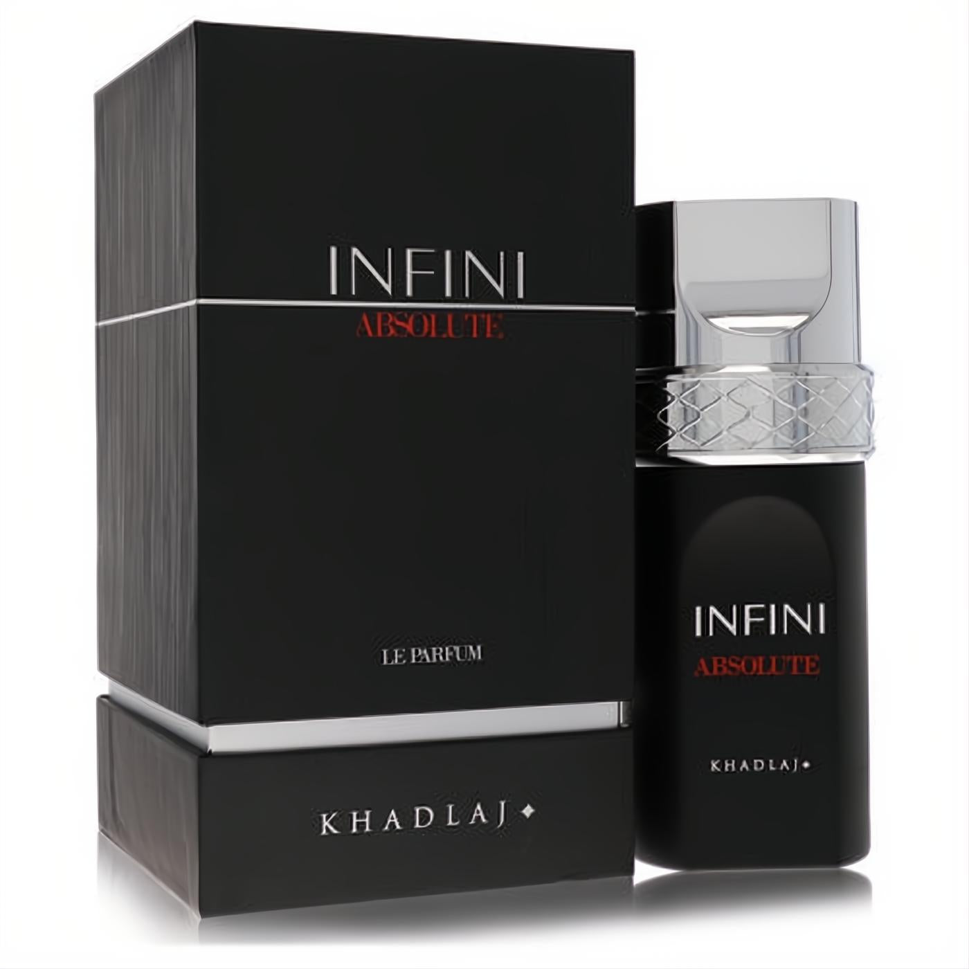 Khadlaj Infini Absolute Le Parfum 3.4 oz. Bold black bottle with sleek silver cap, red & white text, beside its matching box.