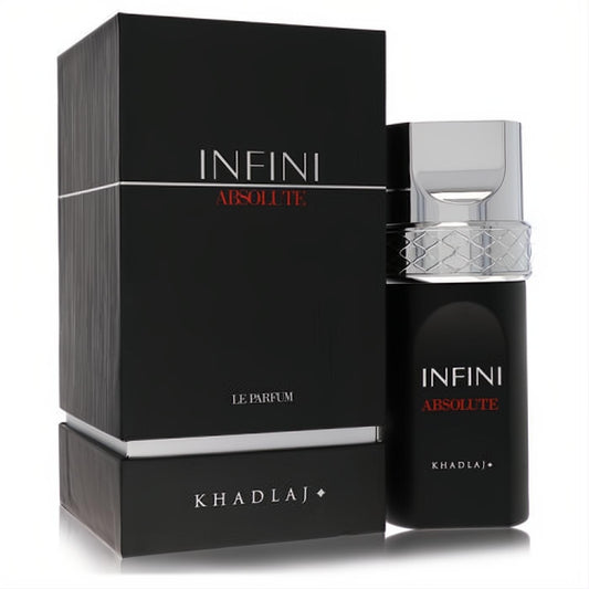 Khadlaj Infini Absolute Le Parfum 3.4 oz. Bold black bottle with sleek silver cap, red & white text, beside its matching box.