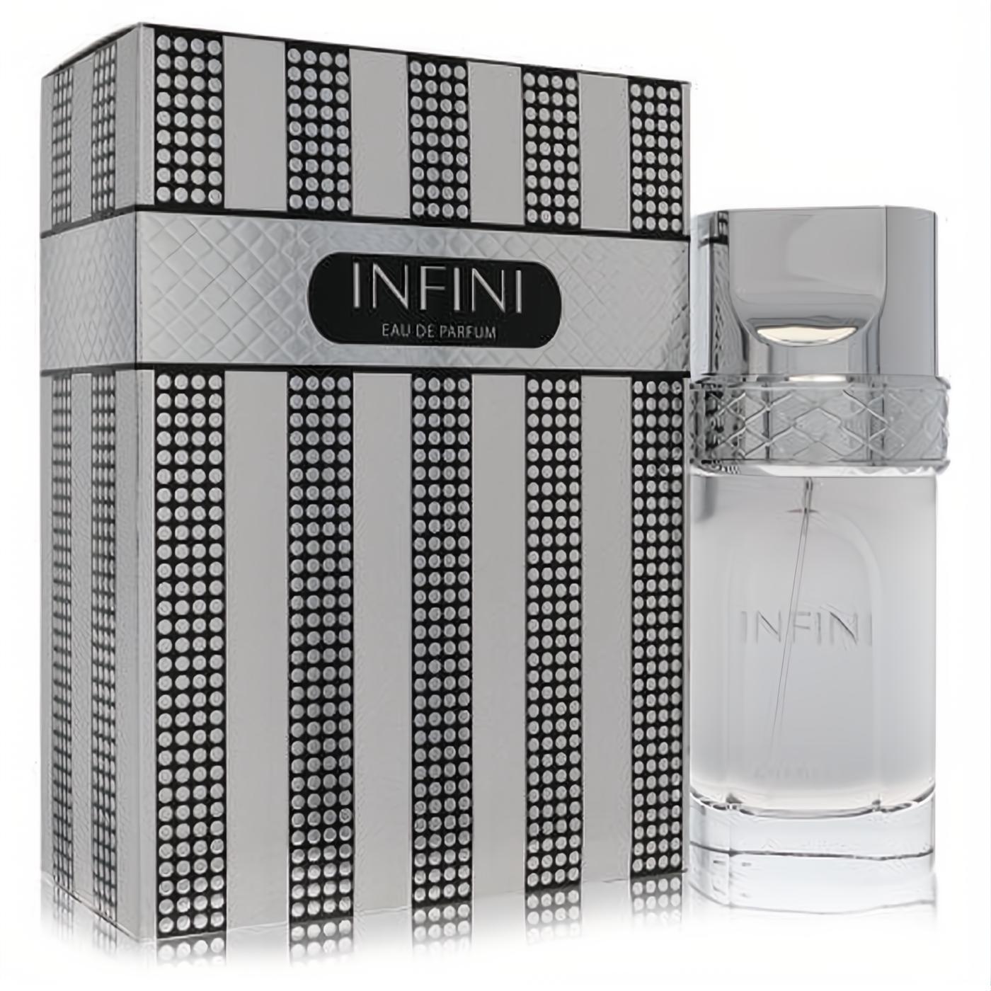 Sophisticated Khadlaj Infini 3.4 oz men's EDP spray, clear bottle with sleek silver cap and stylish striped box.