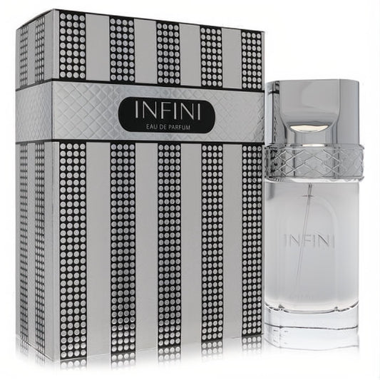 Sophisticated Khadlaj Infini 3.4 oz men's EDP spray, clear bottle with sleek silver cap and stylish striped box.