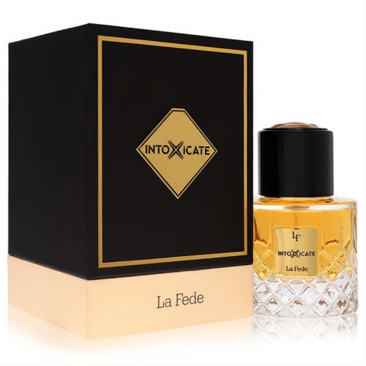 Khadlaj Intoxicate La Fede 3.4 oz men's EDP spray. Elegant faceted glass bottle, amber liquid, and luxurious black-gold box.