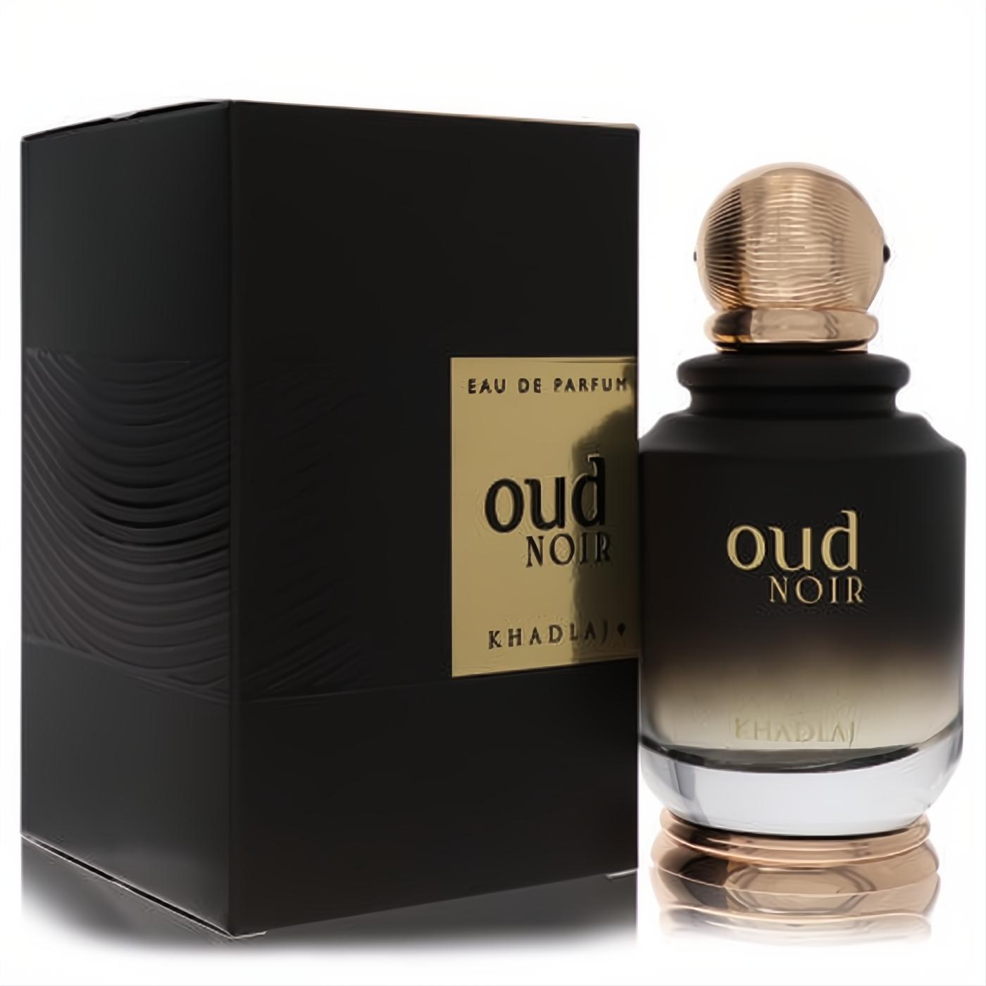 Luxurious Khadlaj Oud Noir unisex perfume. Elegant black bottle with a gold base, textured gold cap, and matching black box.