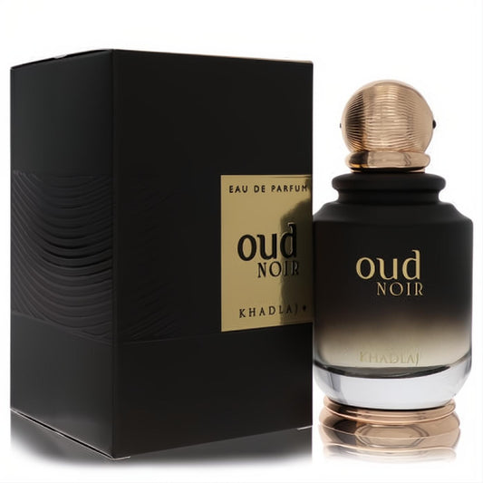 Luxurious Khadlaj Oud Noir unisex perfume. Elegant black bottle with a gold base, textured gold cap, and matching black box.