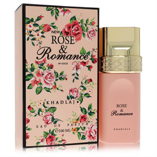 Khadlaj Rose & Romance In Gold 3.4 oz EDP. Chic matte pink bottle, luxurious gold cap, and elegant rose-patterned box.