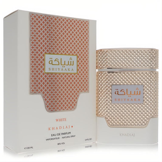 Khadlaj Shiyaaka White 3.4 oz EDP: elegant gold diamond-patterned bottle and stylish white box.