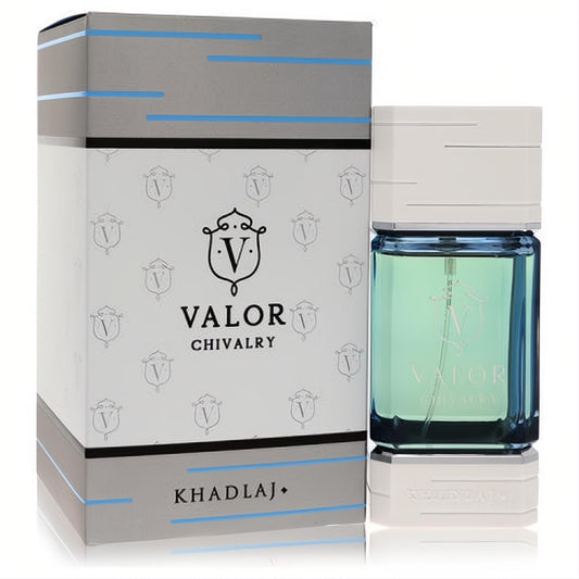 Khadlaj Valor Chivalry 3.4 oz men's EDP. Striking aqua glass spray bottle with a crisp white, grey, and blue branded box.