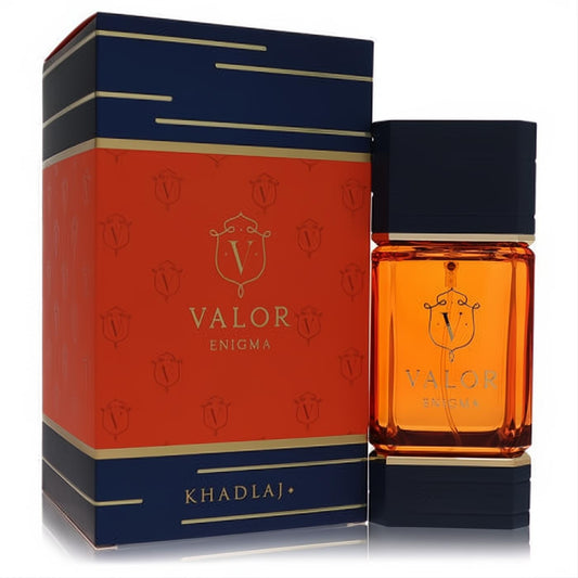 Khadlaj Valor Enigma 3.4 oz men's EDP. Bold amber glass bottle, dark blue cap, and elegant orange box with gold accents.