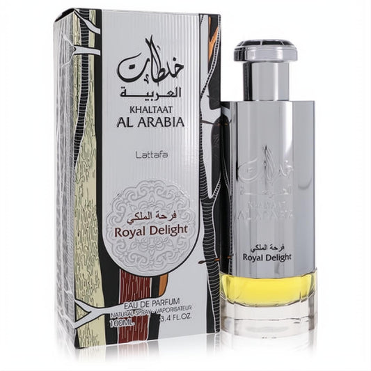 Stunning Lattafa Khaltat Al Arabia Delight unisex Eau De Parfum, 3.4 oz. Sleek silver bottle with vibrant yellow fragrance and ornate gold-patterned box.