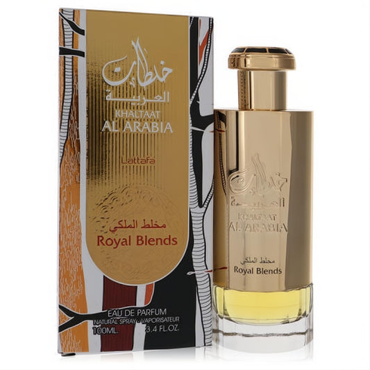 Luxurious gold Lattafa Khaltat Al Arabia Royal Blends 3.4 oz EDP bottle with clear base and elegant matching box.