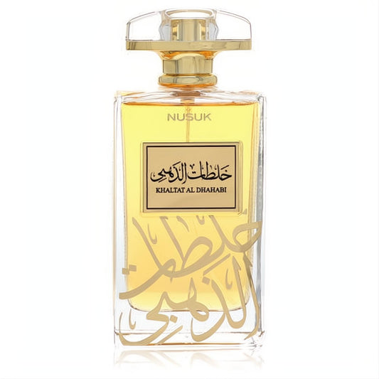 Exquisite Nusuk Khaltat Al Dhahabi EDP. Golden fragrance in a sleek clear bottle, adorned with elegant gold Arabic calligraphy.