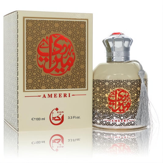 Kian Ameeri by KianEau 3.3 oz unisex EDP. Luxurious cream bottle, silver crown cap, and ornate Arabic design.