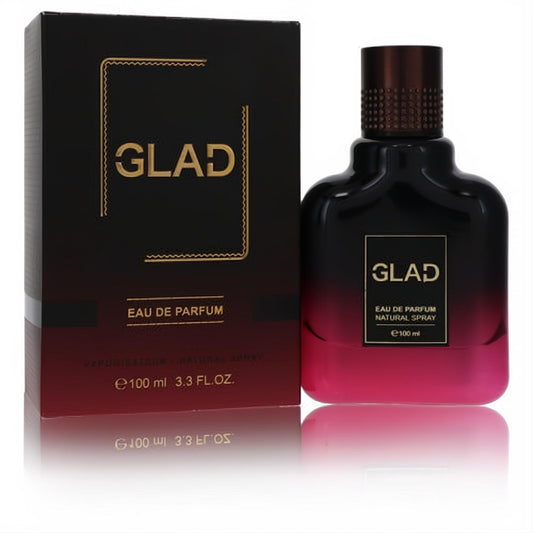 Captivating Kian Glad 3.3 oz unisex EDP spray bottle, featuring a striking black to fuchsia gradient and gold accents, with its box.